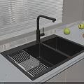 Kitchen Sink With Double Bowl And Black Faucet On White Countertop With Apples And Blinds