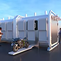 Modern Container Structure With Open Door Motorcycle And People Standing Nearby