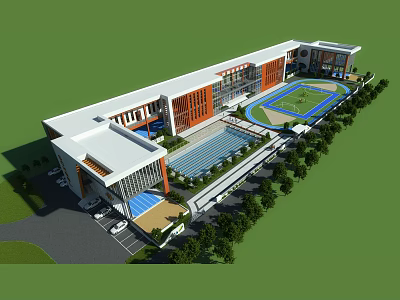 Modern School Complex With Sports Field Swimming Pool Parking And Landscaping 3d model