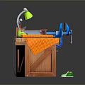 Functional Workbench with Tools Green Lamp Paint Cans Wooden Crate and Blue Mat