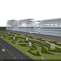 Modern Office Buildings Exterior With Glass Curtain Walls And Landscaped Gardens