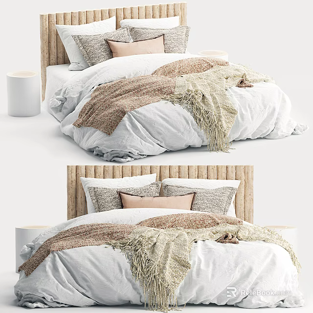 Natural Style Double Bed With Woven Headboard White Beige Bedding Soft Blanket And Decorative Pillows 3d model 