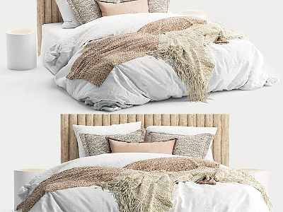 Natural Style Double Bed With Woven Headboard White Beige Bedding Soft Blanket And Decorative Pillows 3d model
