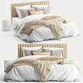Natural Style Double Bed With Woven Headboard White Beige Bedding Soft Blanket And Decorative Pillows