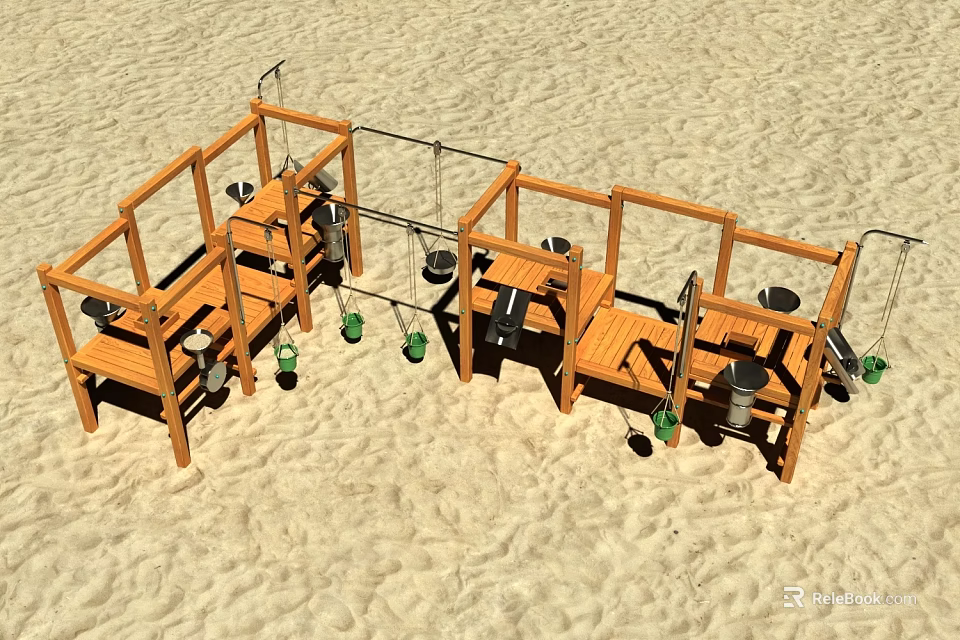 Kindergarten Outdoor Wooden Play Structure With Hanging Buckets On Sand 3d model 