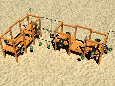Kindergarten Outdoor Wooden Play Structure With Hanging Buckets On Sand 3d model