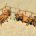 Kindergarten Outdoor Wooden Play Structure With Hanging Buckets On Sand