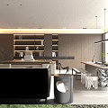 Modern Office Interior Design With Bookshelves Desk Marble Countertop And Plants