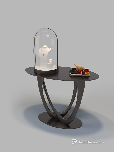 Jewelry Store Display Table With Glass Dome Necklace And Books On Black Table 3d model 
