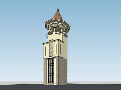Architectural Tower Design With Red Pointed Roof Decorative Elements Stone Base And Light Walls 3d model