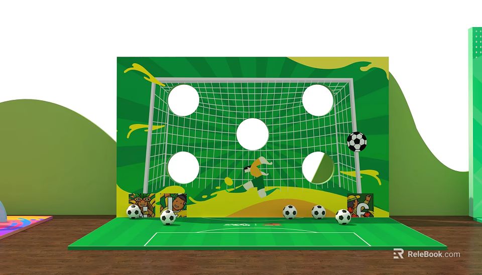 Soccer Themed Photo Spot With Green Background Goal Circular Holes And Soccer Balls 3d model 