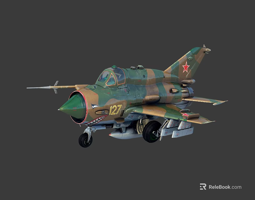 Military Aircraft Model With Camouflage Paint Red Star Marking Number 127 And Missiles 3d model 