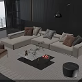 Modern L Shaped Sofa And Coffee Table Set With Decorative Pillows And City View