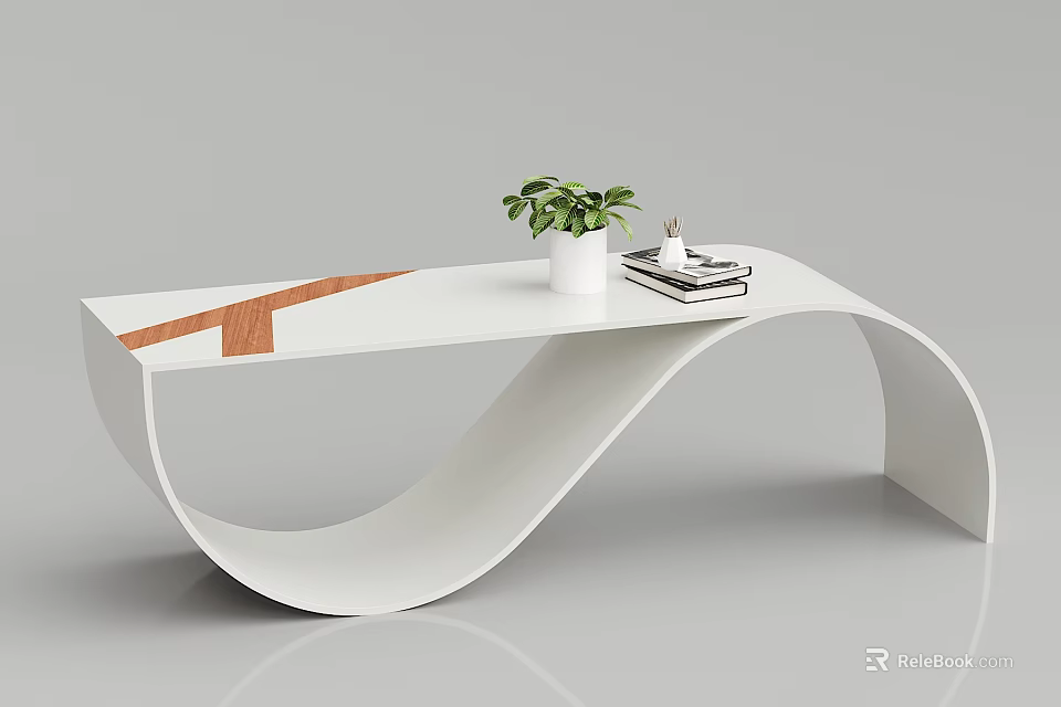 Modern White Curved Coffee Table With Green Plant White Pot And Stacked Books 3d model 
