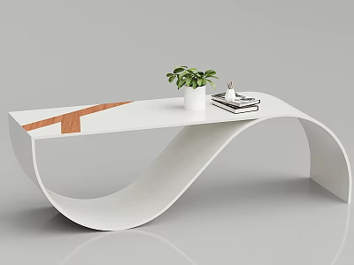 Modern White Curved Coffee Table With Green Plant White Pot And Stacked Books 3d model