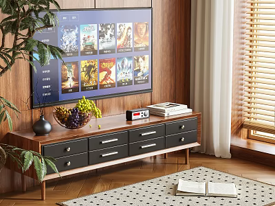 Wooden TV Stand With Drawers Holding TV And Movie Posters Near Plant And Window 3d model