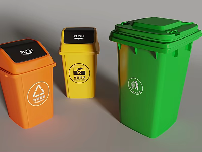 Public Facilities Color Coded Trash Bins for Waste Sorting with Orange Yellow Green Recycling Signs 3d model
