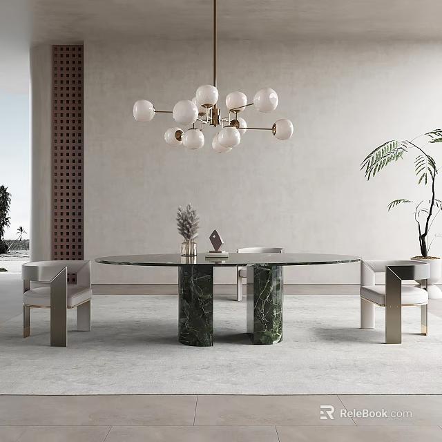 Modern Luxury Dining Table Set With Round Green Marble Top And Metal Frame Chairs 3d model 
