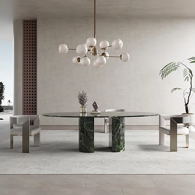 Modern Luxury Dining Table Set With Round Green Marble Top And Metal Frame Chairs 3d model