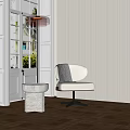 Modern Interior With Beige Accent Chair Wooden Floor Orange Pendant Light And Outdoor View