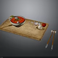 Delicious Red Soup Served on Wooden Tray with Garlic Cloves Red Tomato and Chopsticks