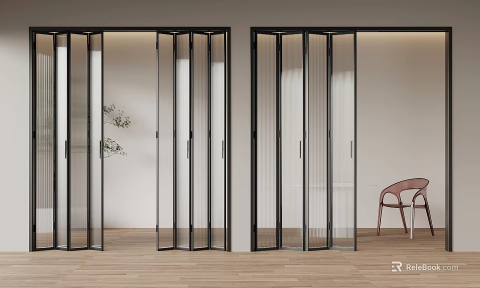 Sleek Modern Interior Folding Doors With Black Frame Glass Panels And Wooden Floor 3d model 