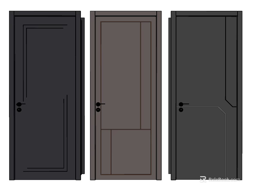 Stylish Hinged Doors In Dark Colors With Various Panel Designs For Home Interior 3d model 