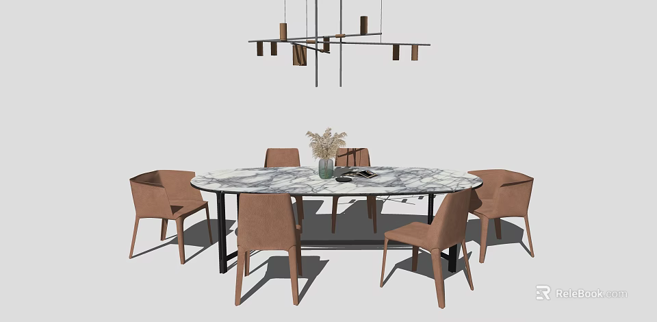Modern Marble Dining Table Set With Brown Chairs And Pendant Light 3d model