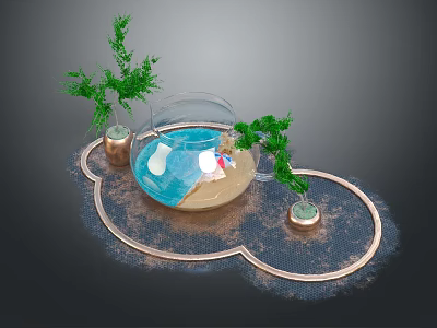 Transparent Glass Fish Tank With Blue Water Sand And Green Plants On Cloud Shaped Mat 3d model