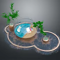 Transparent Glass Fish Tank With Blue Water Sand And Green Plants On Cloud Shaped Mat