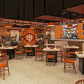 Modern Hotpot Restaurant Interior With Orange Chairs Dining Tables Wall Decorations and Lighting