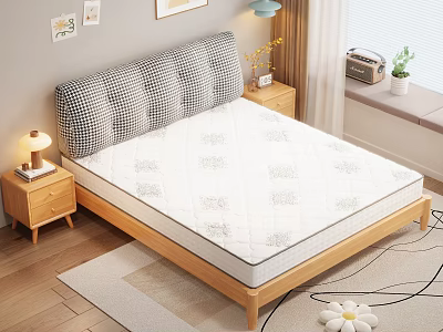 Cozy Bedroom With Wooden Bed Frame White Patterned Mattress Plaid Headboard Nightstands And Window Plants 3d model