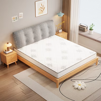 Cozy Bedroom With Wooden Bed Frame White Patterned Mattress Plaid Headboard Nightstands And Window Plants 3d model