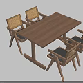 Modern Wooden Rectangular Dining Table Set With Woven Back Chairs And Dark Cushions 3d model