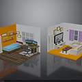 Miniature Bedroom And Living Room Models With Bed Desk Computer Sofa TV Coffee Table