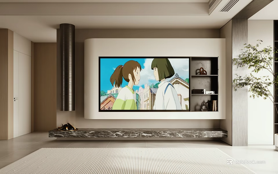 Modern TV Wall Design With Large Screen Marble Shelf And Storage 3d model 