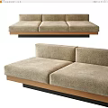 Three Seater Sofa In Modern Minimalist Design With Beige Upholstered Fabric And Wooden Base