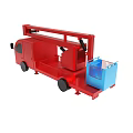 Red Utility Vehicle With Extendable Arm And Blue Working Basket Platform