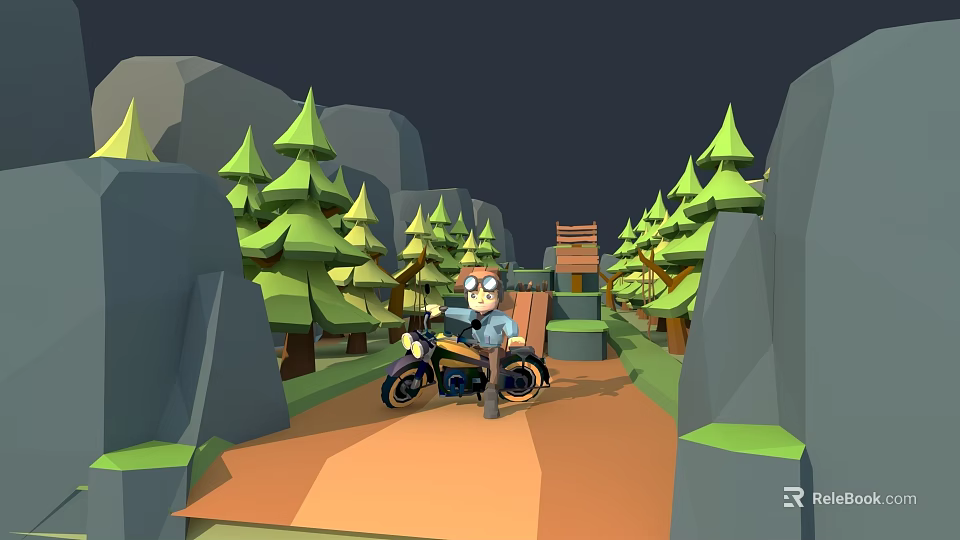 Cartoon Character Riding Classic Motorcycle On Forest Path With Green Trees And Wooden Bridge 3d model 