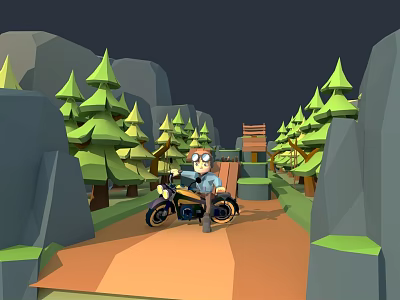 Cartoon Character Riding Classic Motorcycle On Forest Path With Green Trees And Wooden Bridge 3d model