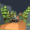 Cartoon Character Riding Classic Motorcycle On Forest Path With Green Trees And Wooden Bridge