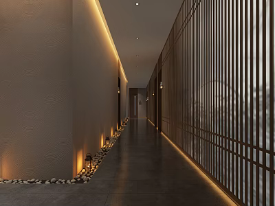 Modern Elevator Hallway Design With Light Colored Walls Dark Flooring Recessed Lighting And Pebble Decorations 3d model