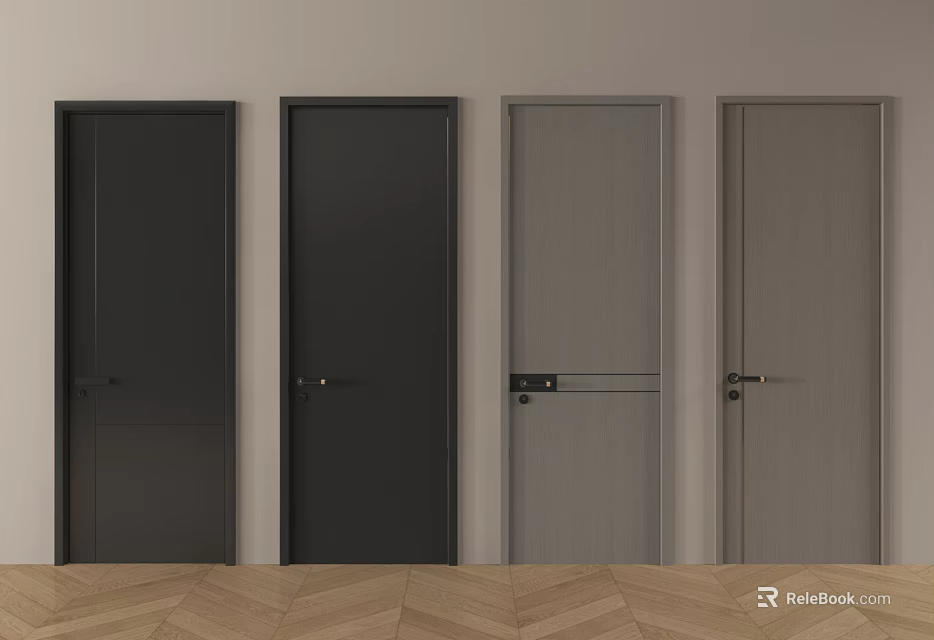 Four Modern Hinged Doors Dark Gray Black Light Gray Against Light Wall Wooden Floor 3d model 