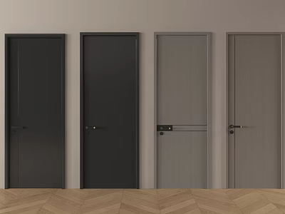 Four Modern Hinged Doors Dark Gray Black Light Gray Against Light Wall Wooden Floor 3d model