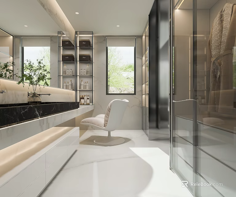 Modern Bathroom Interior With Marble Countertop Large Mirror Storage Cabinets Accent Chair And Natural Light 3d model 
