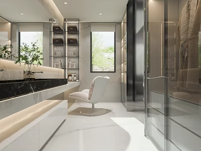 Modern Bathroom Interior With Marble Countertop Large Mirror Storage Cabinets Accent Chair And Natural Light 3d model