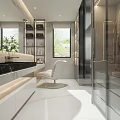 Modern Bathroom Interior With Marble Countertop Large Mirror Storage Cabinets Accent Chair And Natural Light