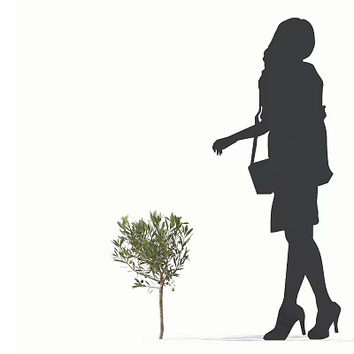 Silhouette Of A Woman Walking Near Young Olive Tree With Green Leaves 3d model