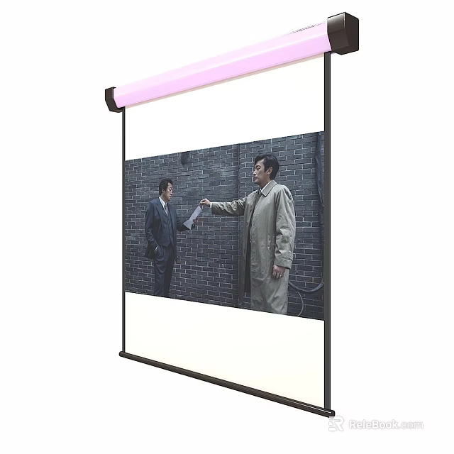 Projection Screen Showing Two Men Handing Paper On Brick Wall Background 3d model
