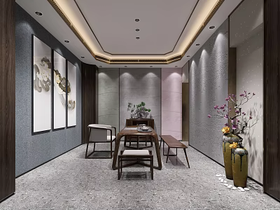 Modern Chinese Interior Dining Room With Wooden Table Chairs Decorative Paintings Vases And Green Plants 3d model
